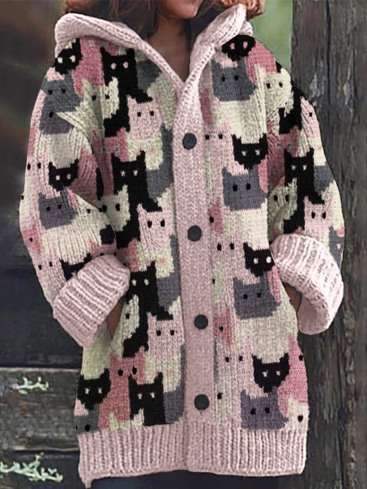 Pink Crowded Cats Knit Art Cozy Hooded Cardigan elevenforest