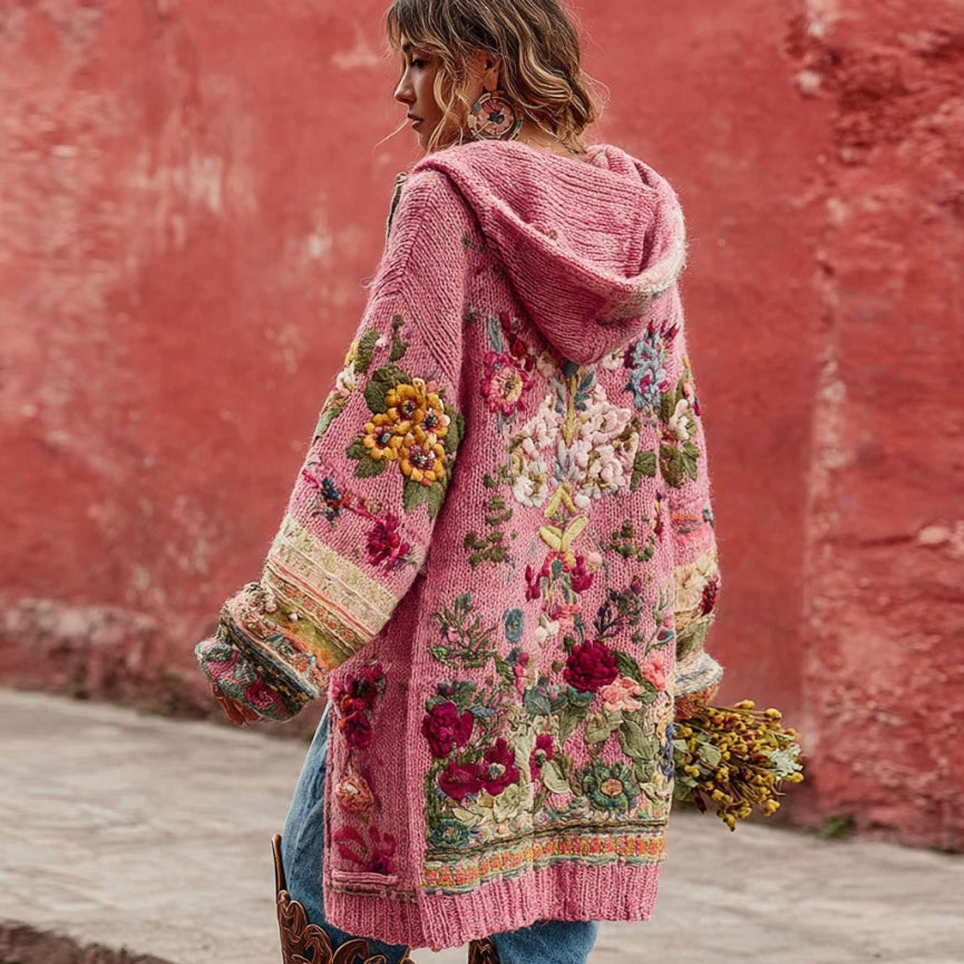 Women's Vintage Bohemian Floral Embroidery Art Cozy Knit Hooded Sweater Cardigan