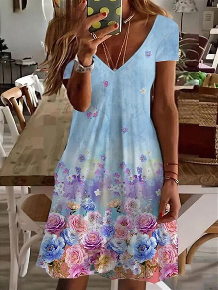 KL | Mujer Sundress Midi Vestido Manga Corta Estampado Floral Verano Casual Cuello en V Vestidos Sueltos Talla Grande 2024 Ropa de Mujer Vestidos