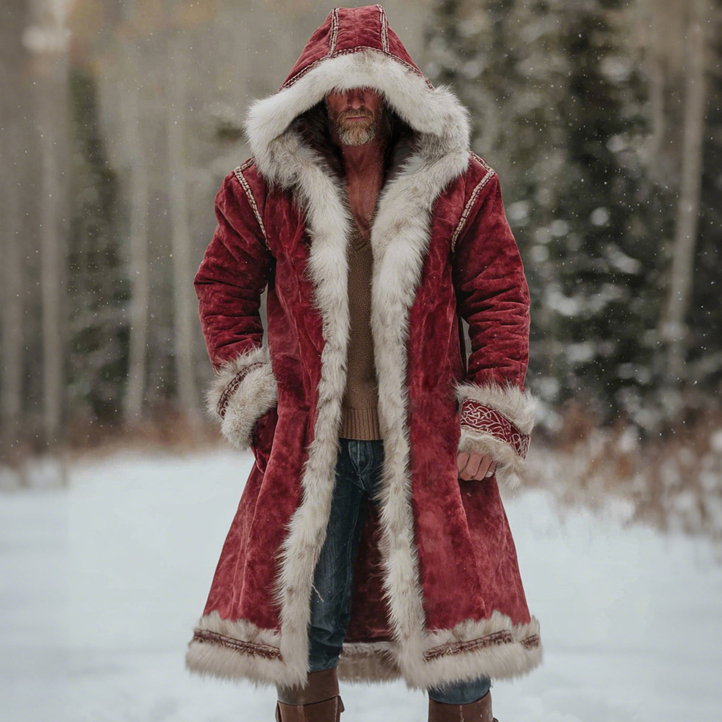 Comstylish Men's Christmas Santa Outfit Fuzzy Velvet Hooded Coat