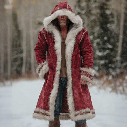 Comstylish Men's Christmas Santa Outfit Fuzzy Velvet Hooded Coat