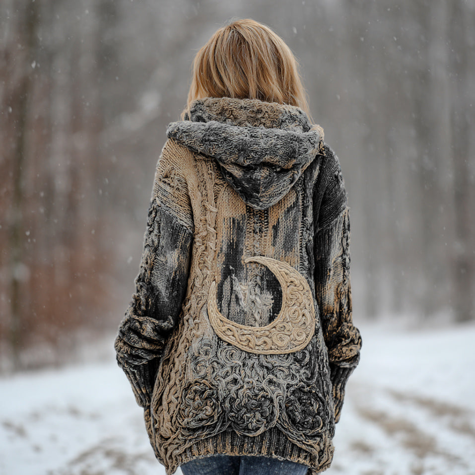 Women's Star And Moon Element Winter Warmth Knit Hooded Cardigan Sweater Jacket artswardrobe