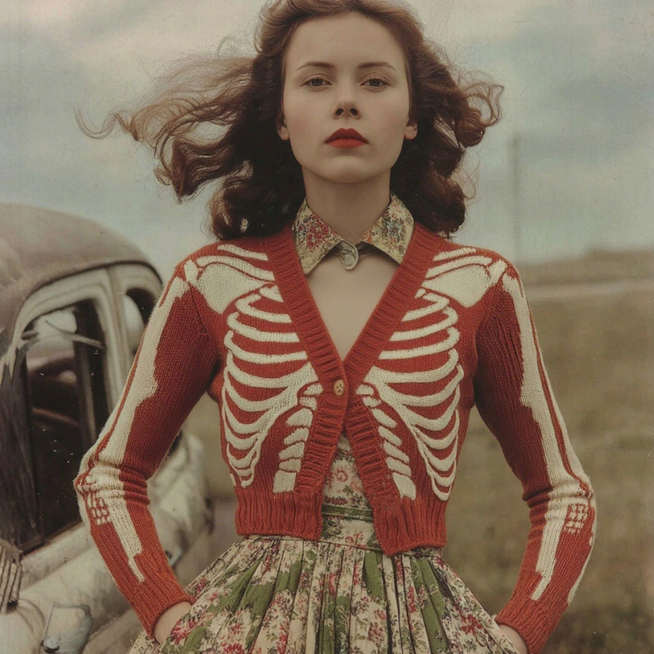 Women's Vintage Skull Ribs Pattern V Neck Cozy Knit Sweater Cardigan artswardrobe