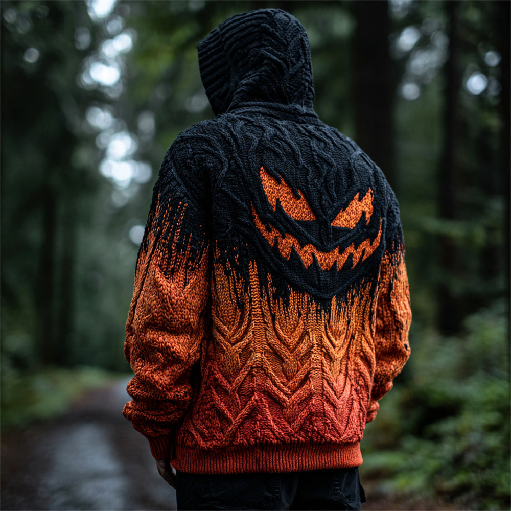 Halloween Evil Spooky Face Gradient Men's Chunky Knit Hooded Cardigan artswardrobe