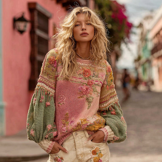 Women's Vintage Bohemian Floral Embroidery Knitted Crew Neck Sweater