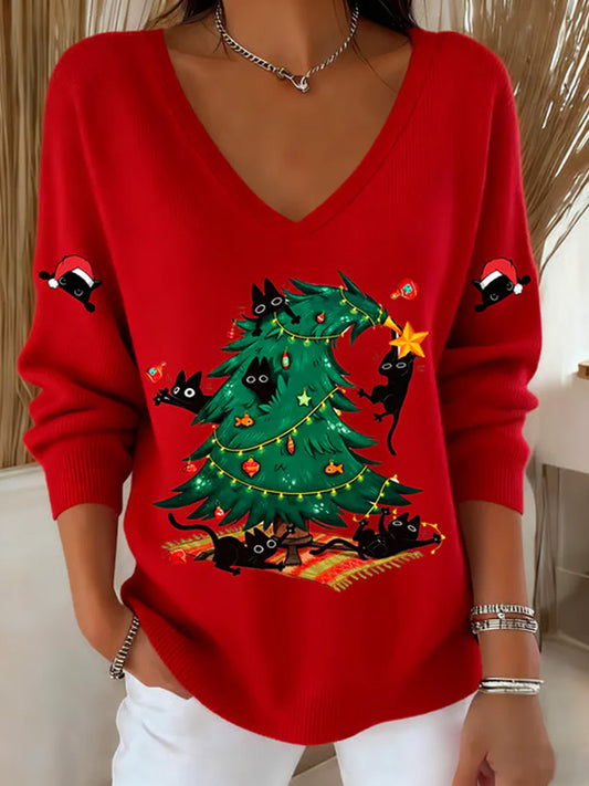Women's Christmas Funny Cat Printed Tops elevenforest
