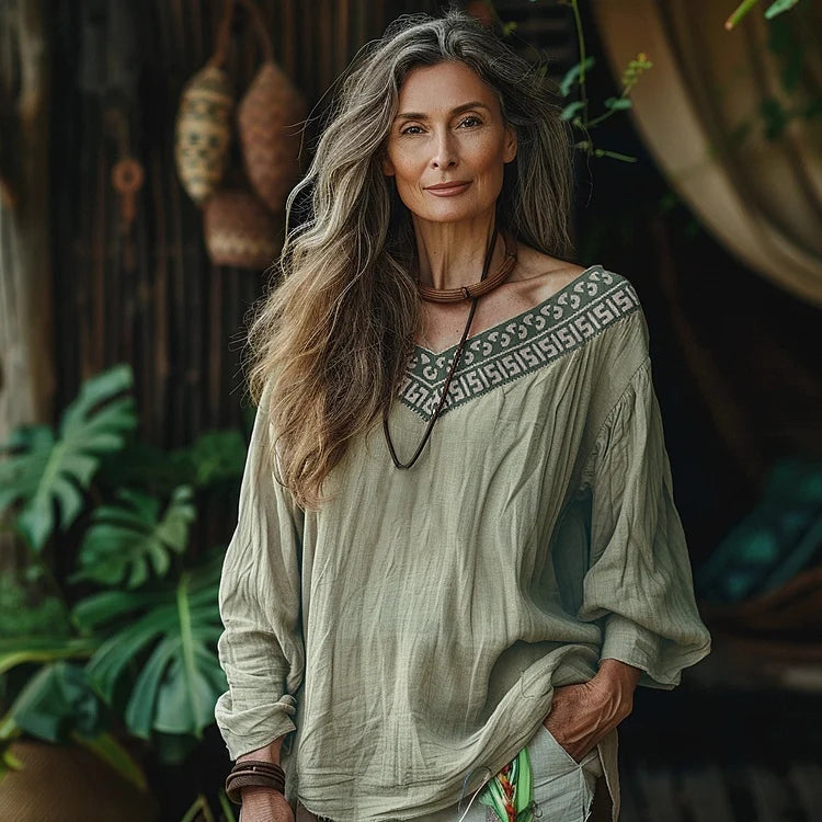 Vintage Greek Key Pattern V-neck Linen Blend Blouse artswardrobe