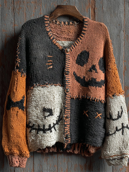 Halloween Pumpkin Face Colorblock Stitched Cozy Knit Cardigan elevenforest