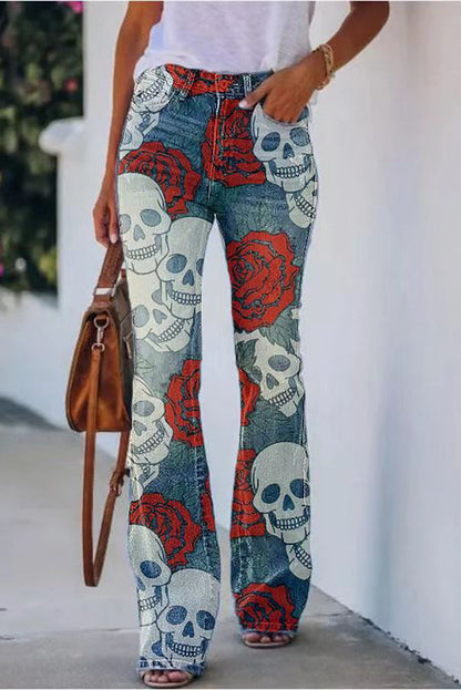 KL | Pantalones acampanados de tiro alto con estampado de imitación