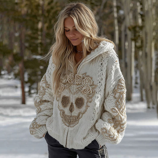 Women's White Rose Skull Comfortable Loose Solid Color Zip Sweater Cardigan elevenforest