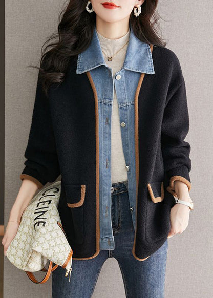 Abrigo de lana negro único con cuello bebé, patchwork vaquero, con look de dos piezas, otoño