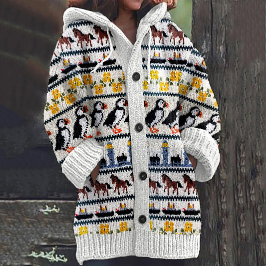 Vintage Nordic Penguin Floral Knitted Warm Sweater Cardigan elevenforest