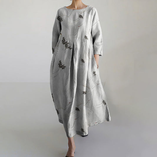 Comstylish Casual Cotton And Linen Crane Print Women'S Round Neck Dress