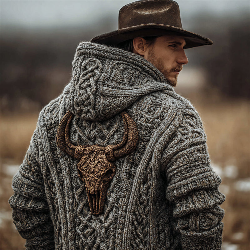 Men's Vintage Bull Skull Celtic Chunky Cozy Knit Hooded Cardigan artswardrobe