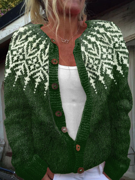 Vintage Green Jacquard Cozy Knit Cardigan elevenforest