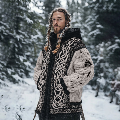 Men's Viking Tribal Jacquard Celtic Chunky Knit Zipper Hooded Cardigan artswardrobe