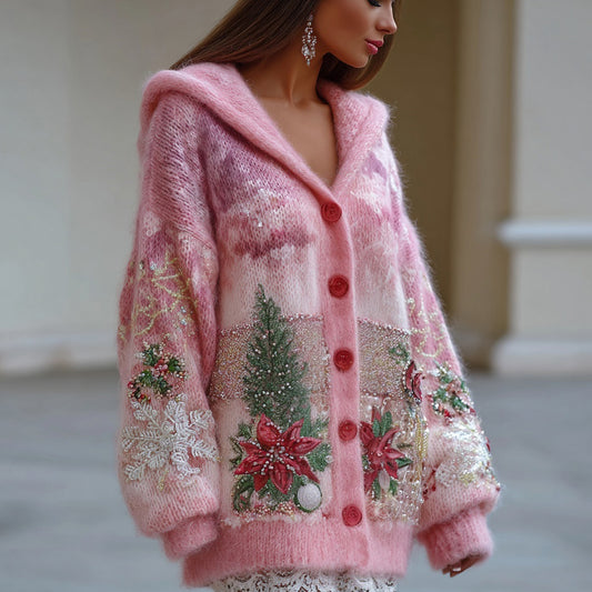 Christmas Inspired Embroidered Cozy Knit Hooded Cardigan artswardrobe