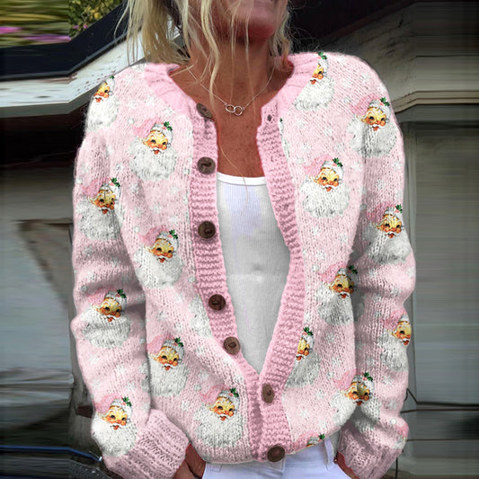 Comstylish Women's Christmas Santa Print Cozy Knit Cardigan