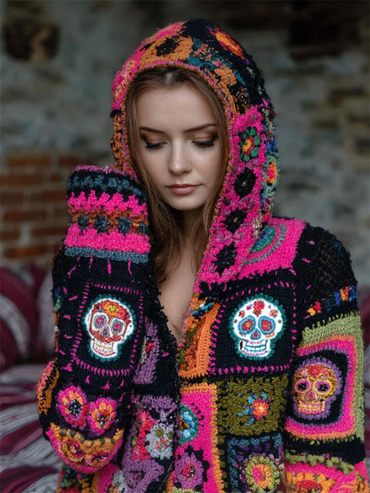 Day Of The Dead Sugar Skulls Floral Colorblock Crochet Cozy Hooded Cardigan elevenforest