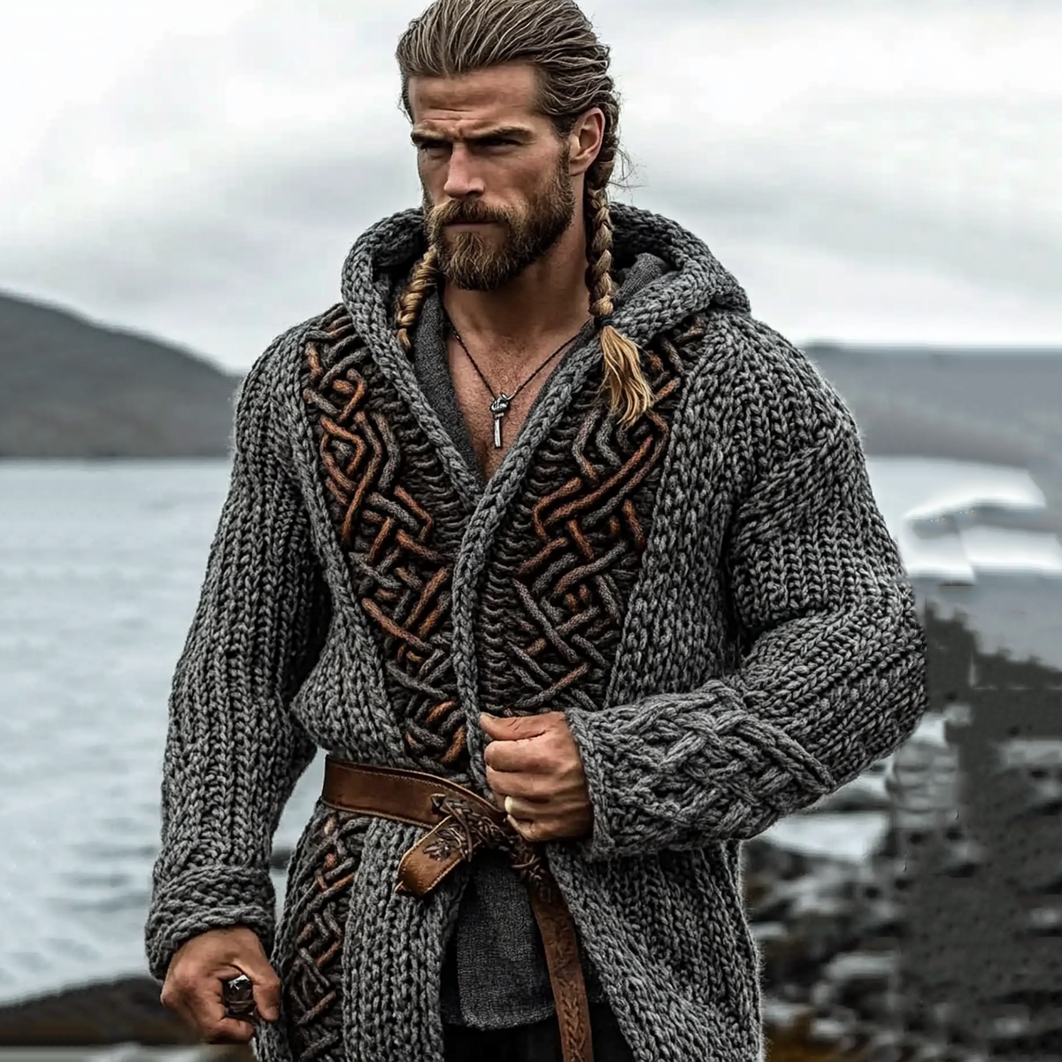 Men's Viking Tribal Wings Celtic Knit Cozy Hooded Jacket artswardrobe