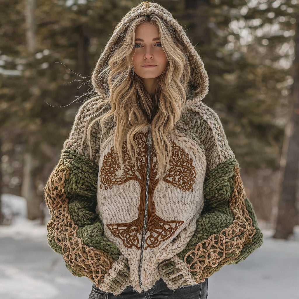 Vintage Viking Celtic Knot Tree Of Life Hooded Cozy Cardigan artswardrobe