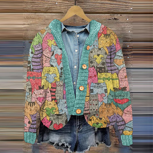 Vintage Cute Love Cat Knit Pattern Women's Cardigan elevenforest