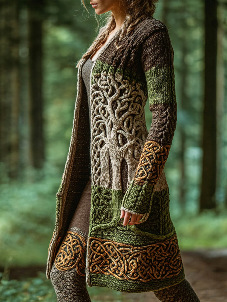 Viking Celtic Tree Art Women's Knitted Long Cardigan artswardrobe