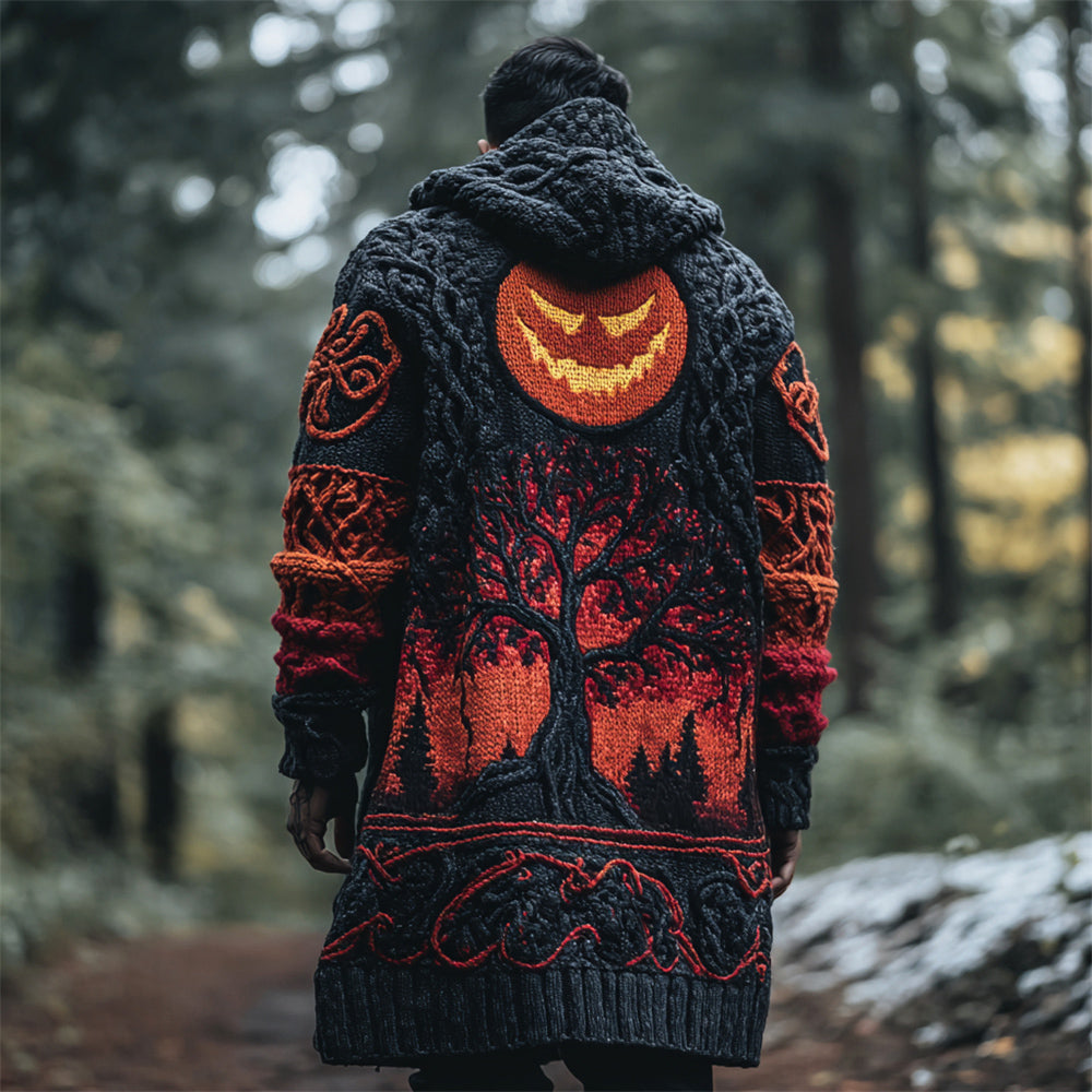 Halloween Pumpkin Light & Viking Tree Of Life Knit Art Men's Hooded Long Cardigan artswardrobe