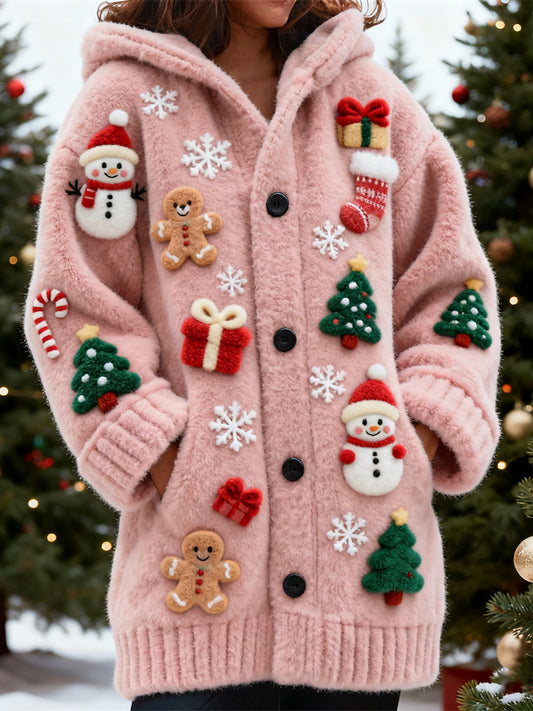 Winter Christmas Theme Design Women's Hooded Plush Cardigan