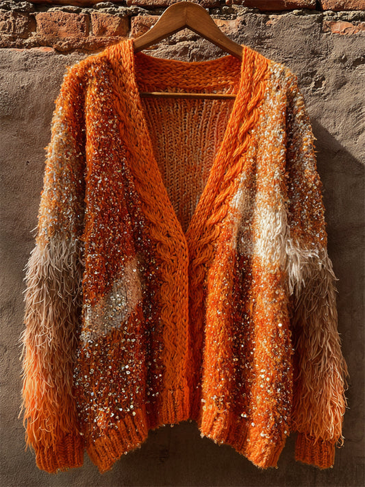 Glitter Sequins Fuzzy Cable Knit Cozy Cardigan elevenforest