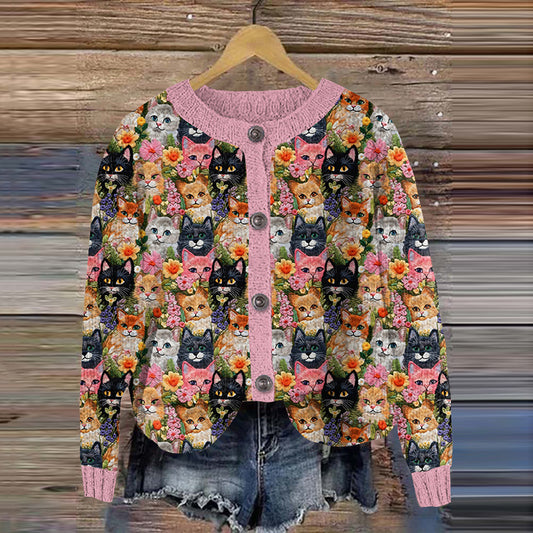 Cute Cats Floral Embroidered Crew Neck Cozy Cardigan elevenforest