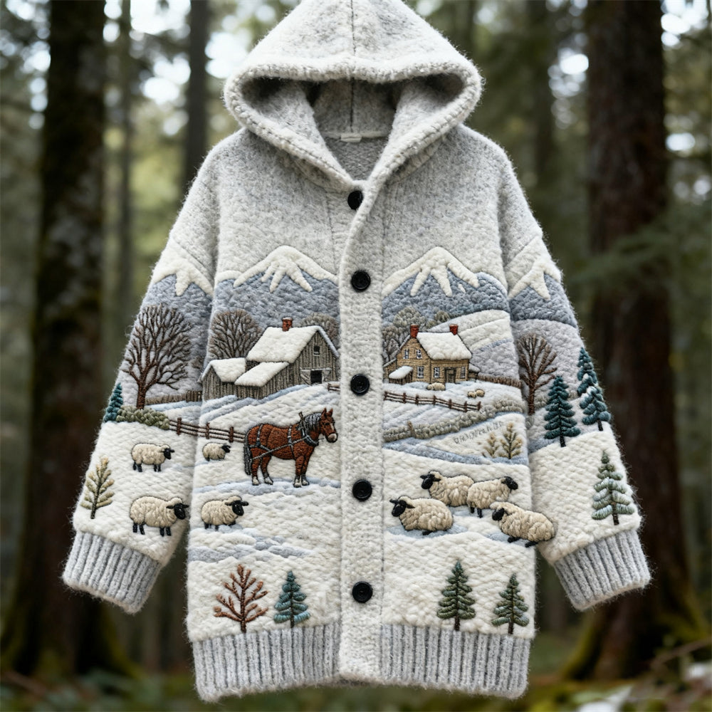 Animal Snow Scene Town Women's Knit Hooded Cardigan
