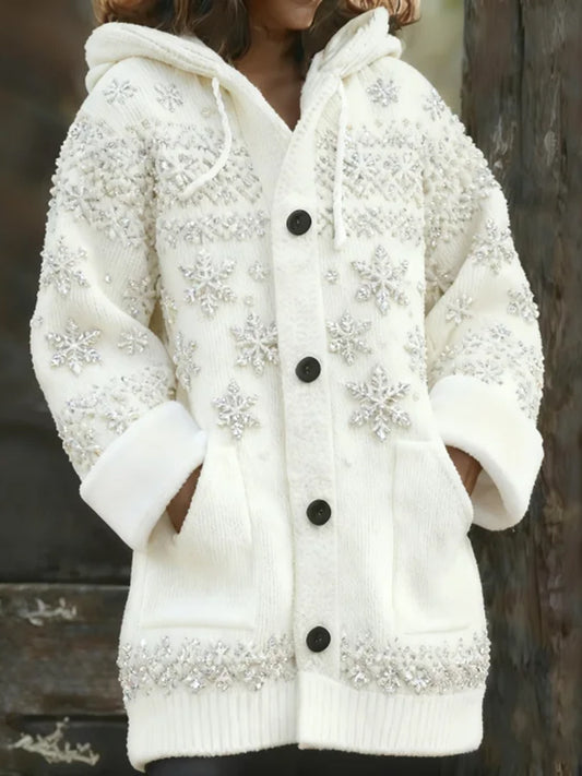 Christmas Embroidered Snowflake Cardigan Hooded Sweater