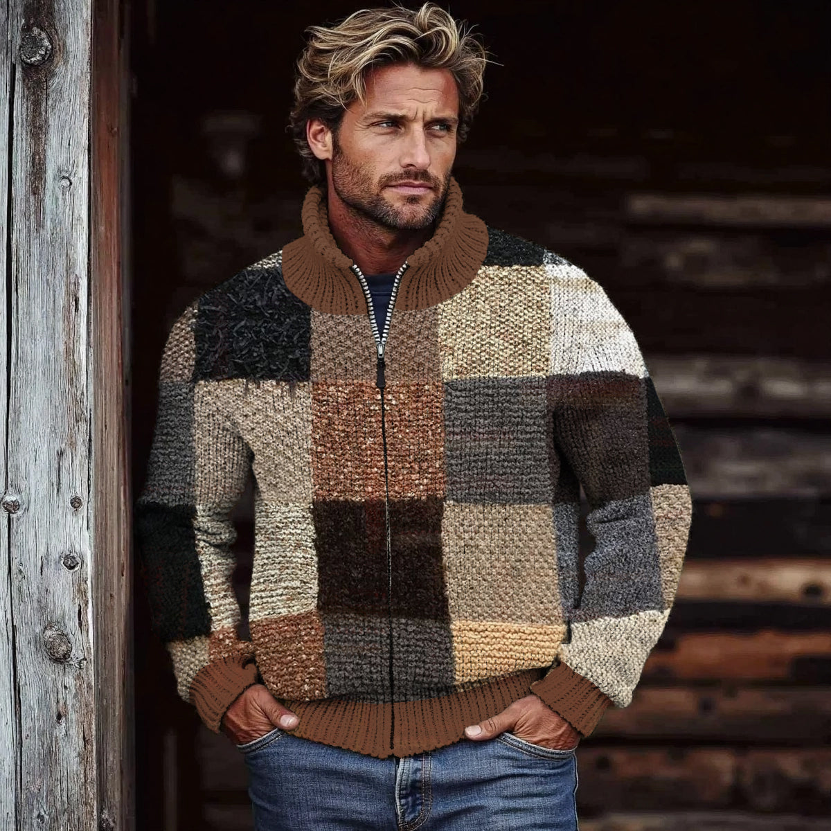 Men's Retro Colorblock Patchwork Cozy Zip Cardigan elevenforest