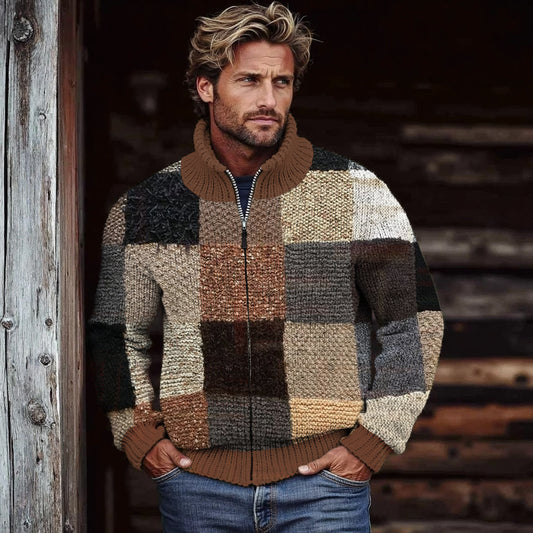 Men's Retro Colorblock Patchwork Cozy Zip Cardigan elevenforest