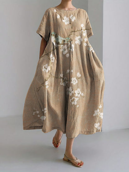 Comstylish Bird on Plum Blossom Branches Japanese Linen Blend Maxi Dress