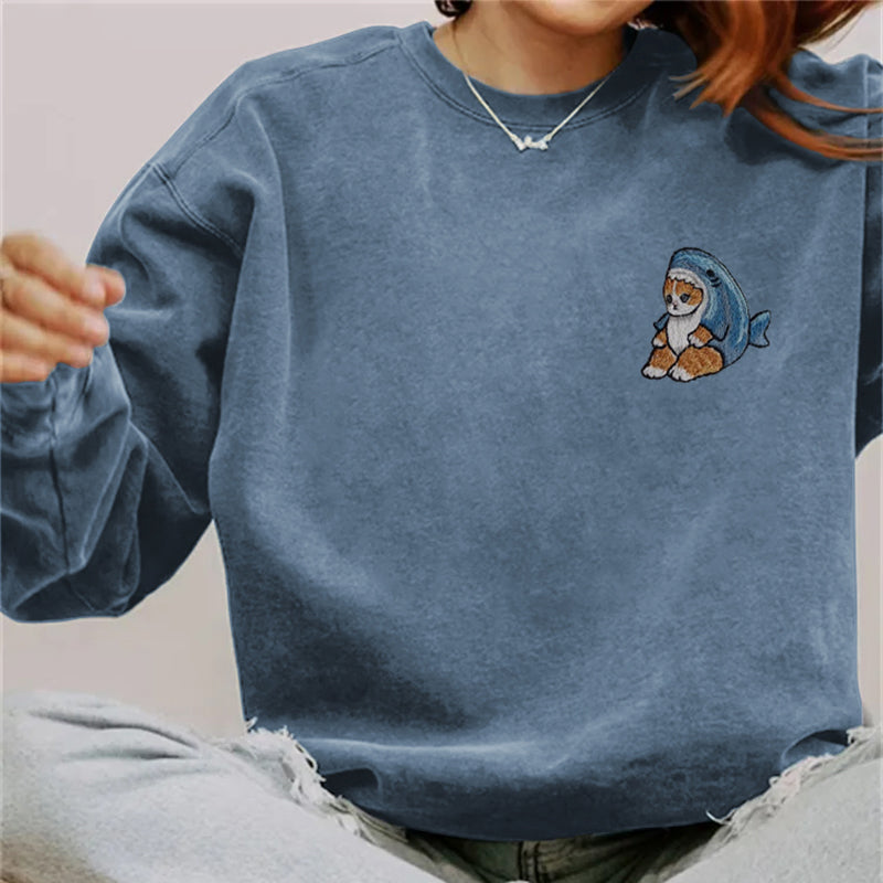 Women's Shark And Cat Print Crew Neck Casual Sweatshirt elevenforest