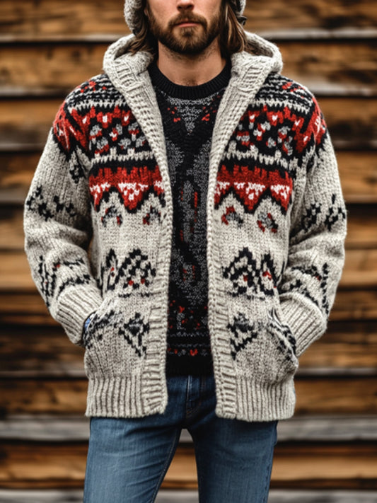 Vintage Geometric Men's Hooded Cardigan elevenforest