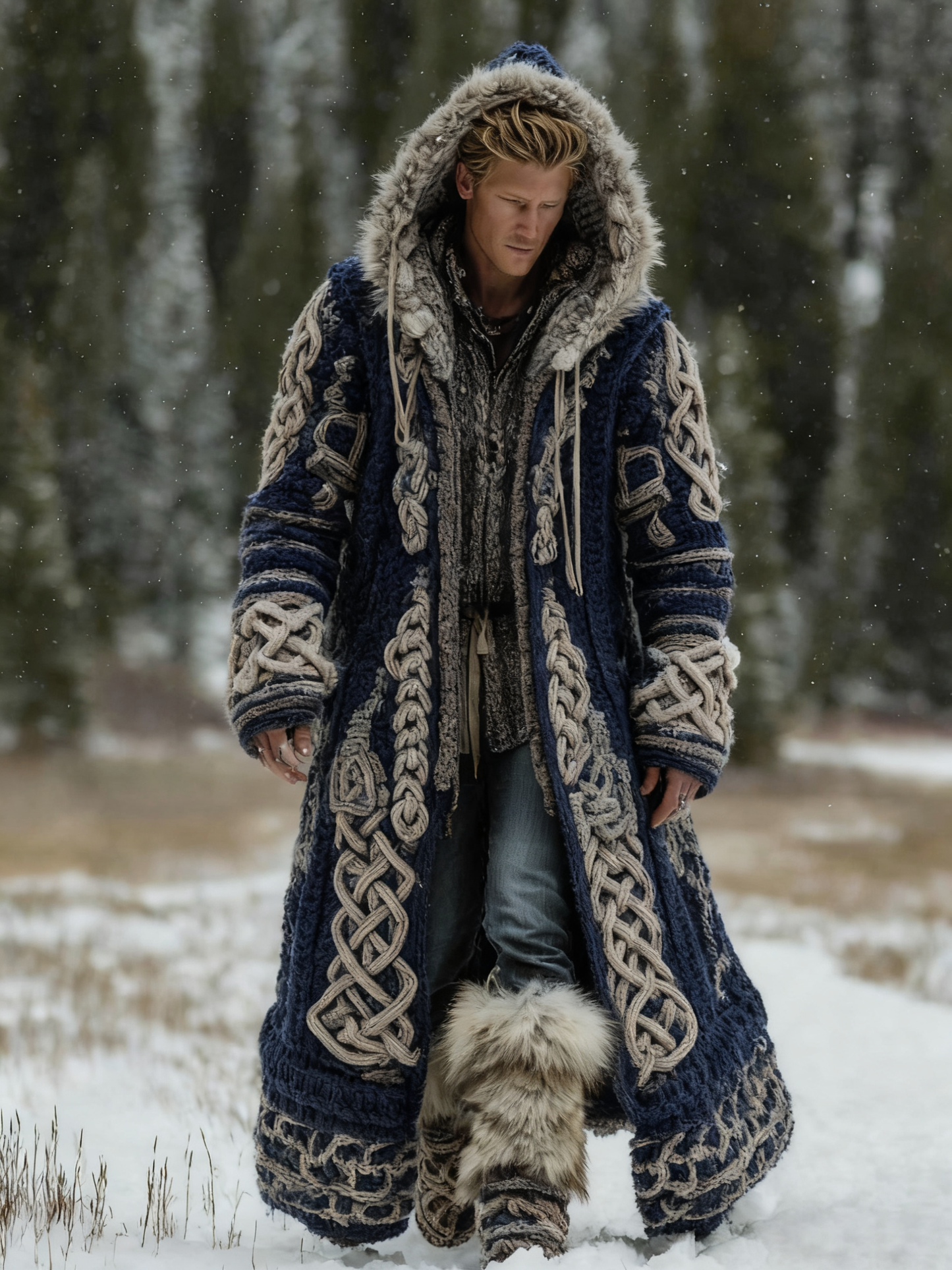 Men's Viking Celtic Knot Art Pocket Mid-length Fur Collar Chunky Knit Cardigan Sweater artswardrobe