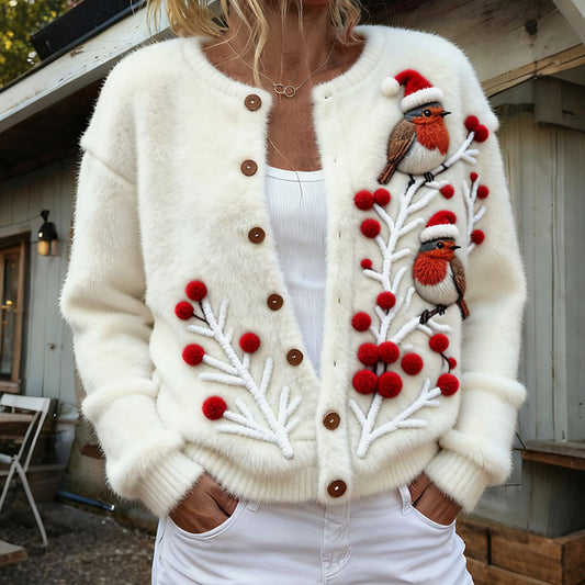 Christmas Snow Scene Robin Women's Comfortable Fleece Cardigan