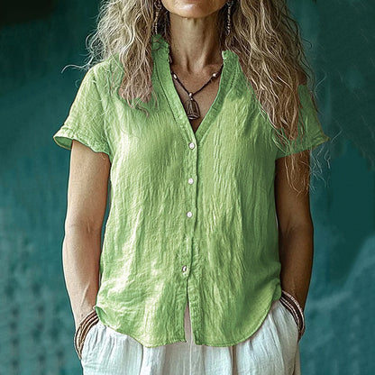 Comstylish Women's Vintage Solid Button Short Sleeve Shirt