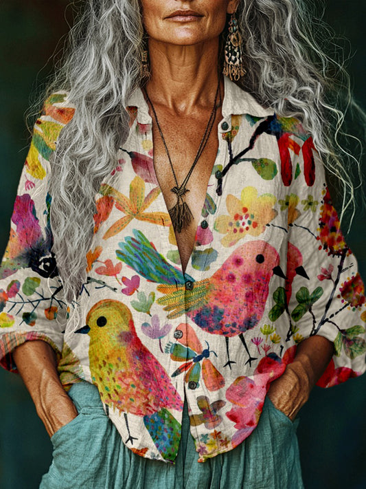 Vintage Colorful Bird & Flower Linen Blend Cozy Blouse artswardrobe