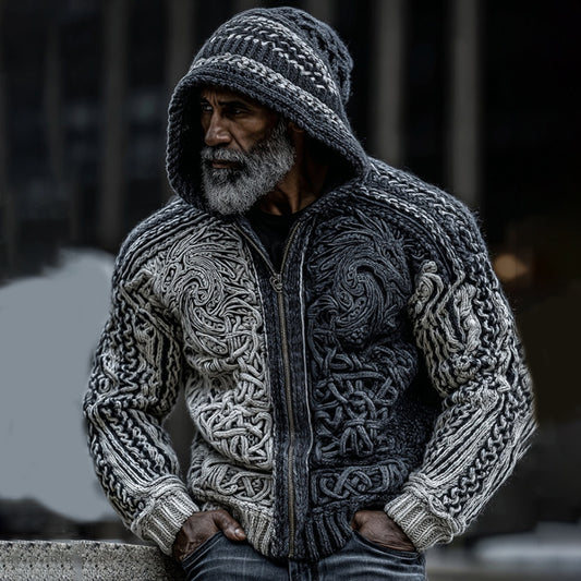 Men's Viking Dragon Totem Chunky Knit Hooded Cardigan artswardrobe