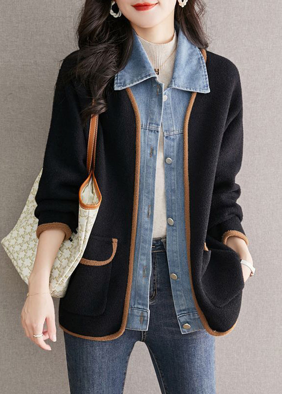 Abrigo de lana negro único con cuello bebé, patchwork vaquero, con look de dos piezas, otoño