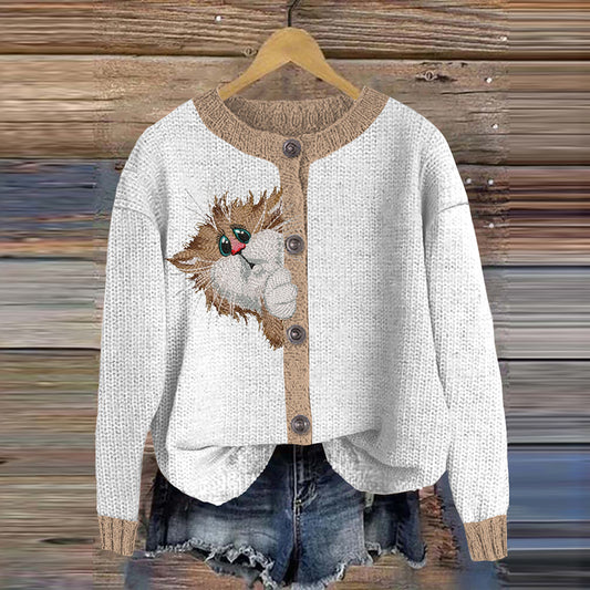 Vintage Cute Cat Art Knitted Embroidery Pattern Sweater Cardigan elevenforest