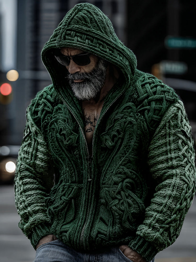 Men's Viking Dragon Totem Chunky Knit Hooded Cardigan artswardrobe