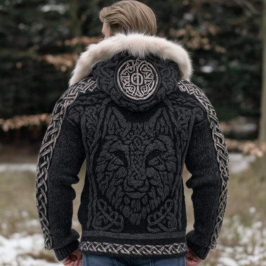 Men's Viking Wolf Celtic Jacquard Knit Fuzzy Hooded Zipper Cardigan artswardrobe
