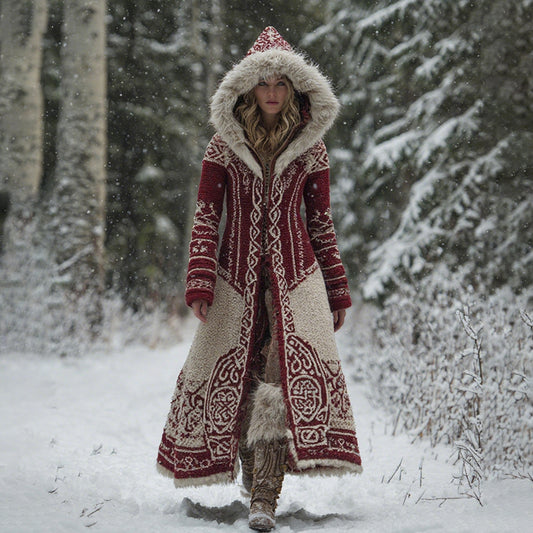 Comstylish Women's Vintage Viking Celtic Knot Pattern Knit Hooded Long Sweater Coat