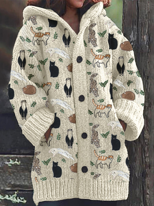 Cats & Leaves Embroidery Pattern Cozy Hooded Cardigan elevenforest