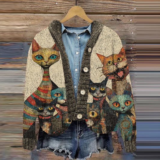 Vintage Art Cats Knit Pattern Women's Cardigan elevenforest